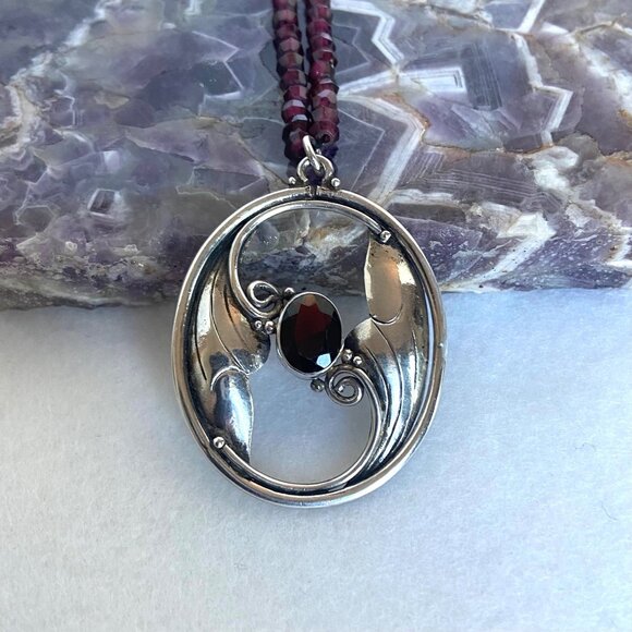Sterling Silver 925 Beaded Oval Art Nouveau Style Garnet Pendant Necklace 18" - Picture 5 of 16